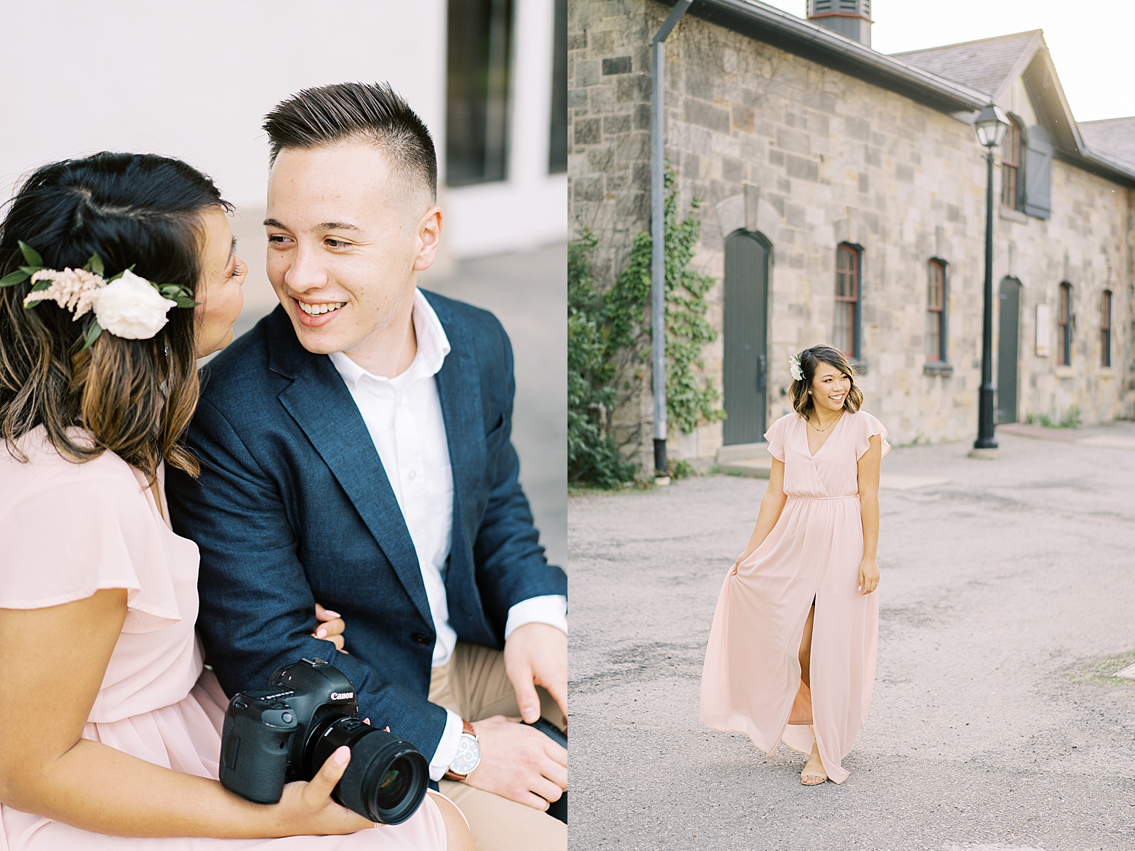 Couple Photos at Dundurn Castle with a woman in a pink chiffon dress and a man in a blue blazer