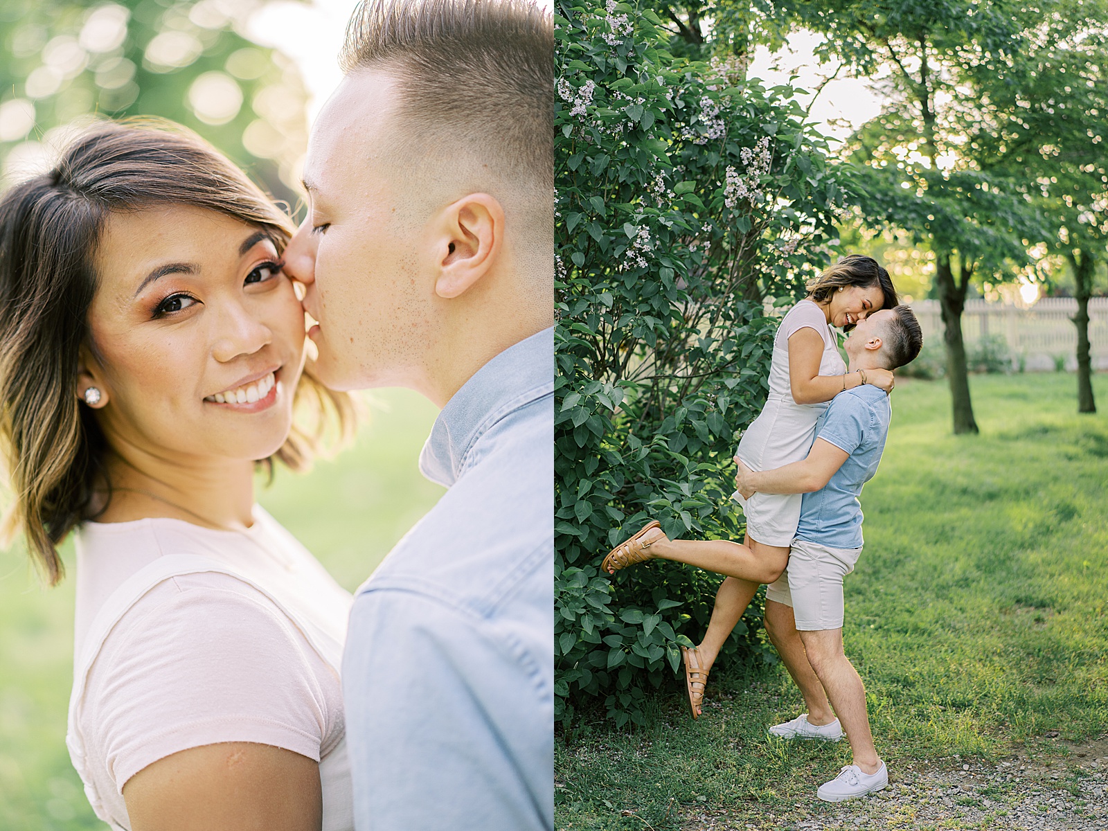 Couple Photos at Dundurn Castle with a woman in a short white dress and a man in a light blue shirt and cream shorts
