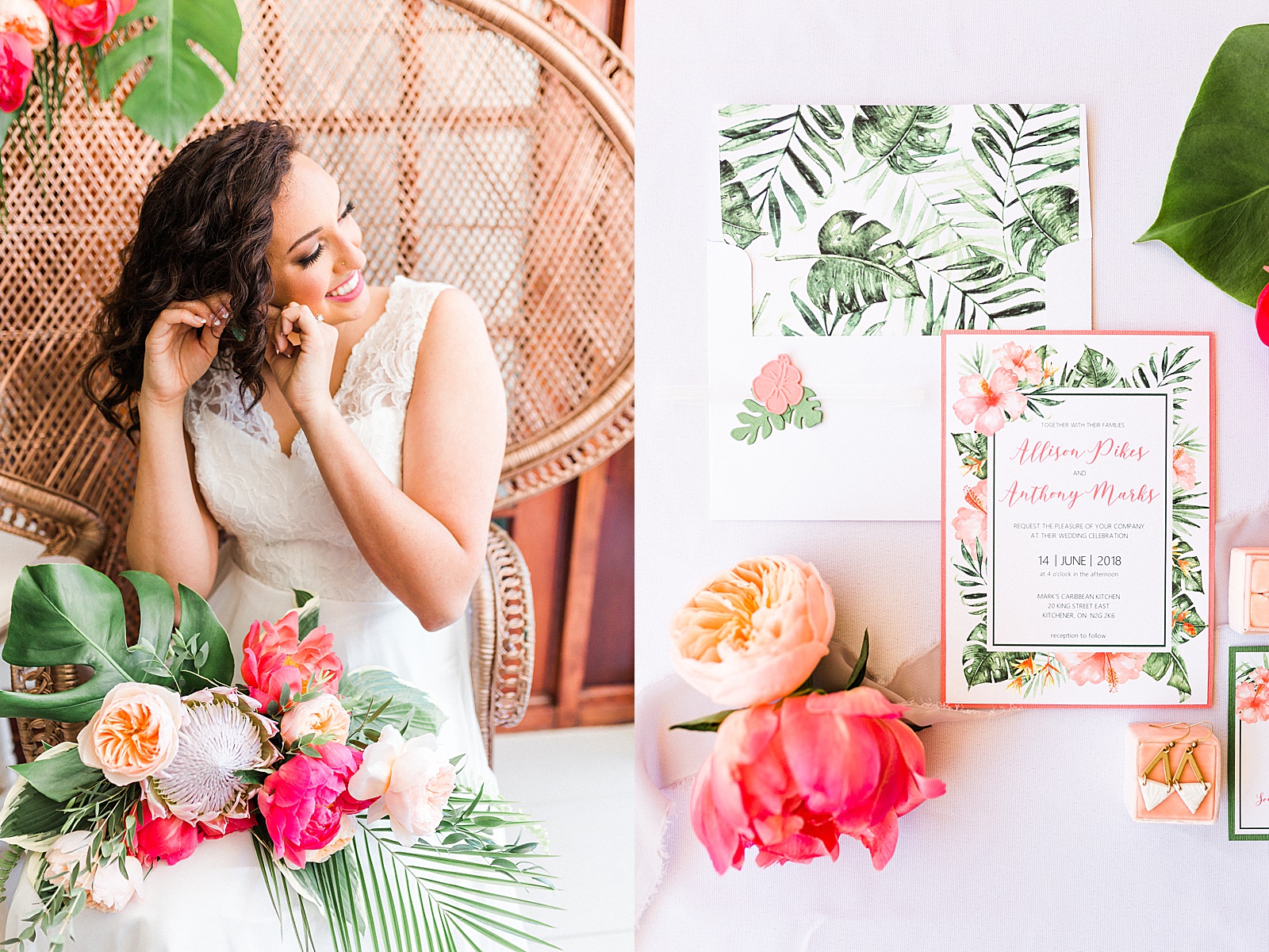 Tropical wicker chair and tropical wedding invitations