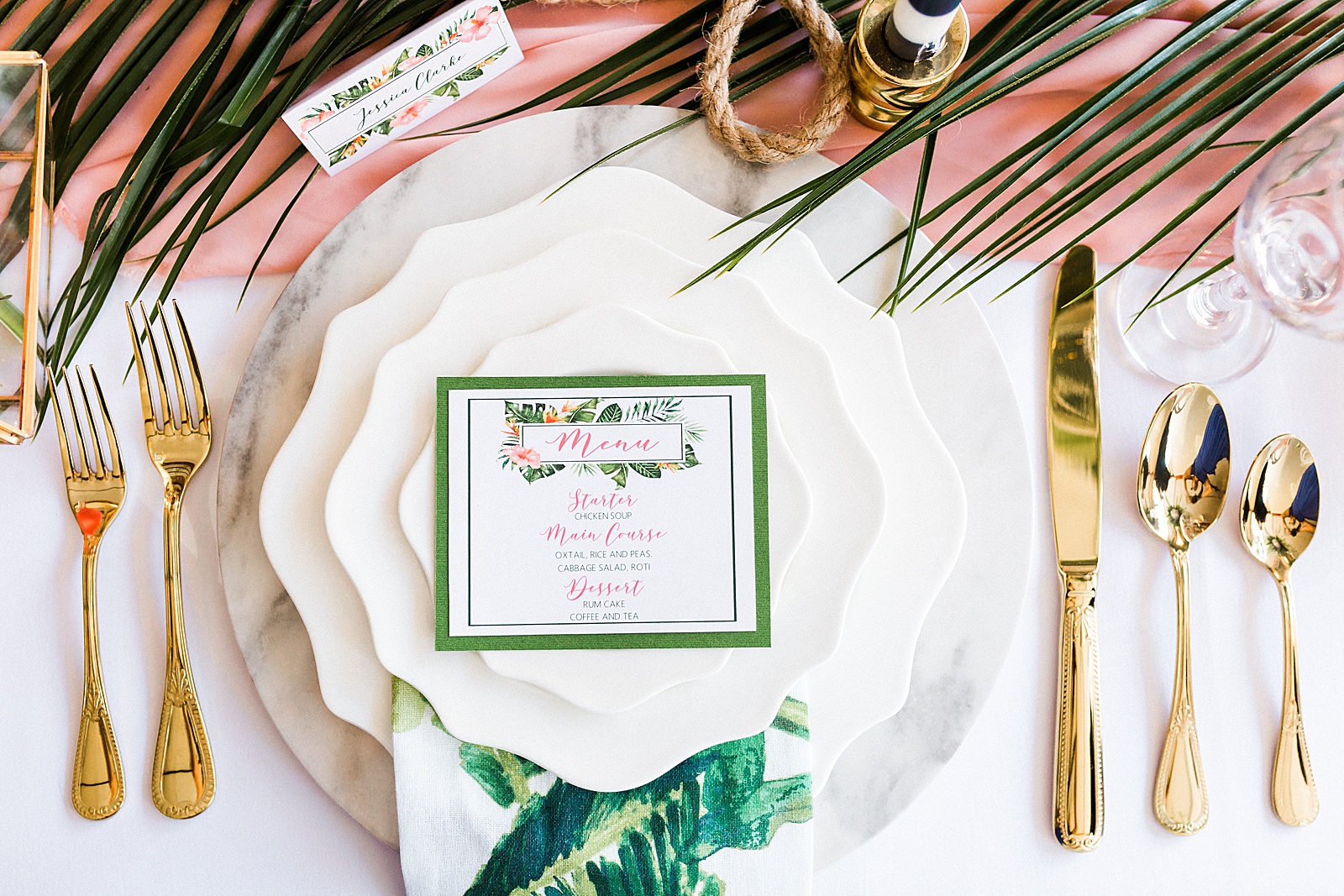 Tropical menu cards and table setting