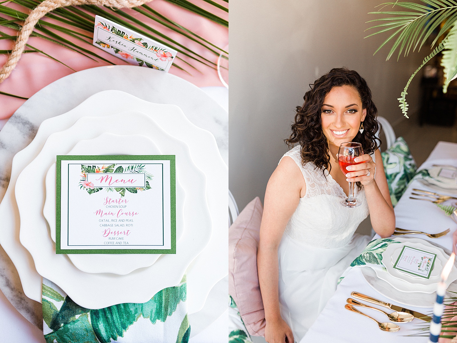 Bride with tropical seating cards