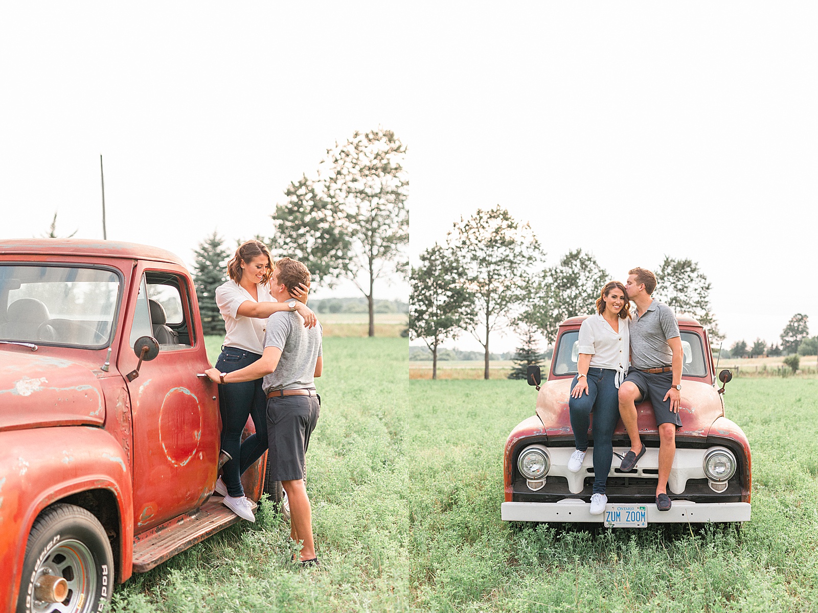 Engagement session in Guelph Ontario on a farm on a red truck