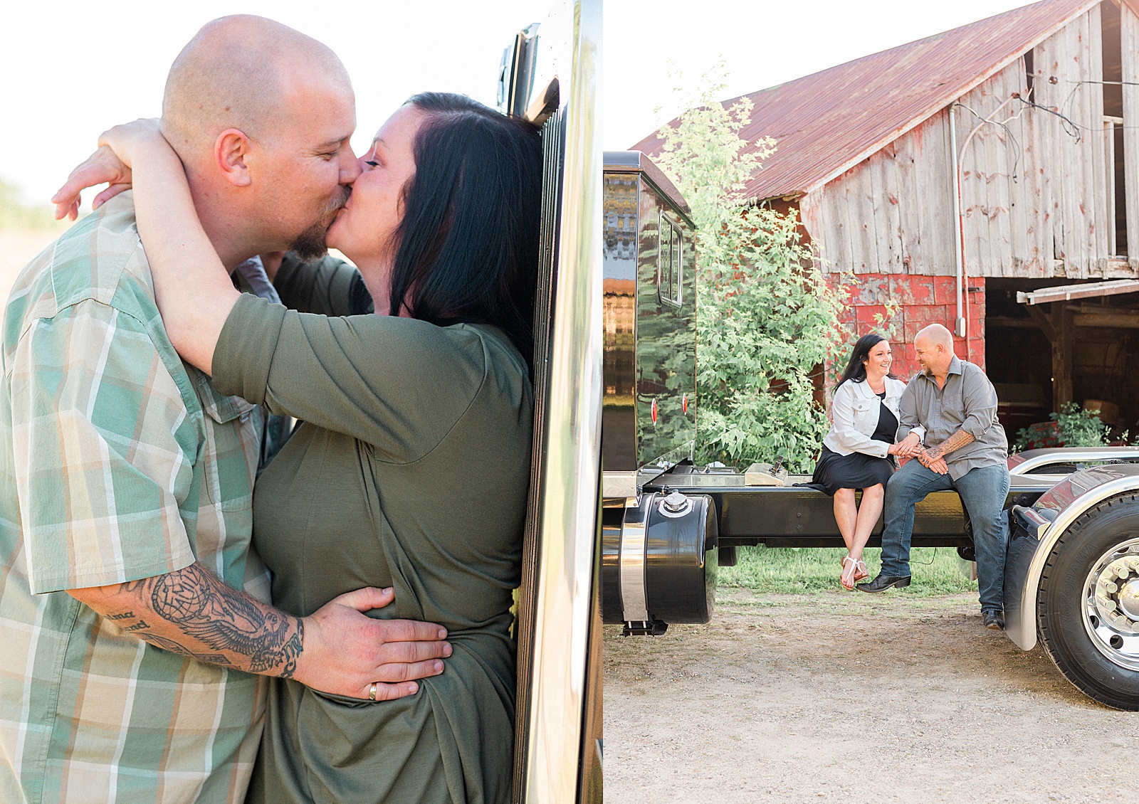 Engagement session on a farm in Waterloo Ontario with a truck