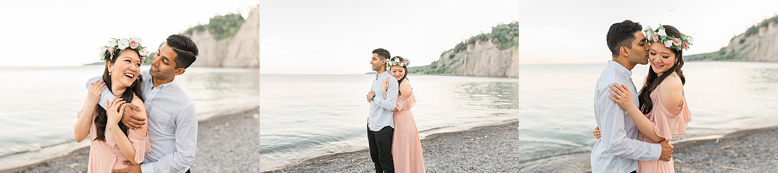 Engagement session at Scarborough Bluffs with pink dress and flower crown