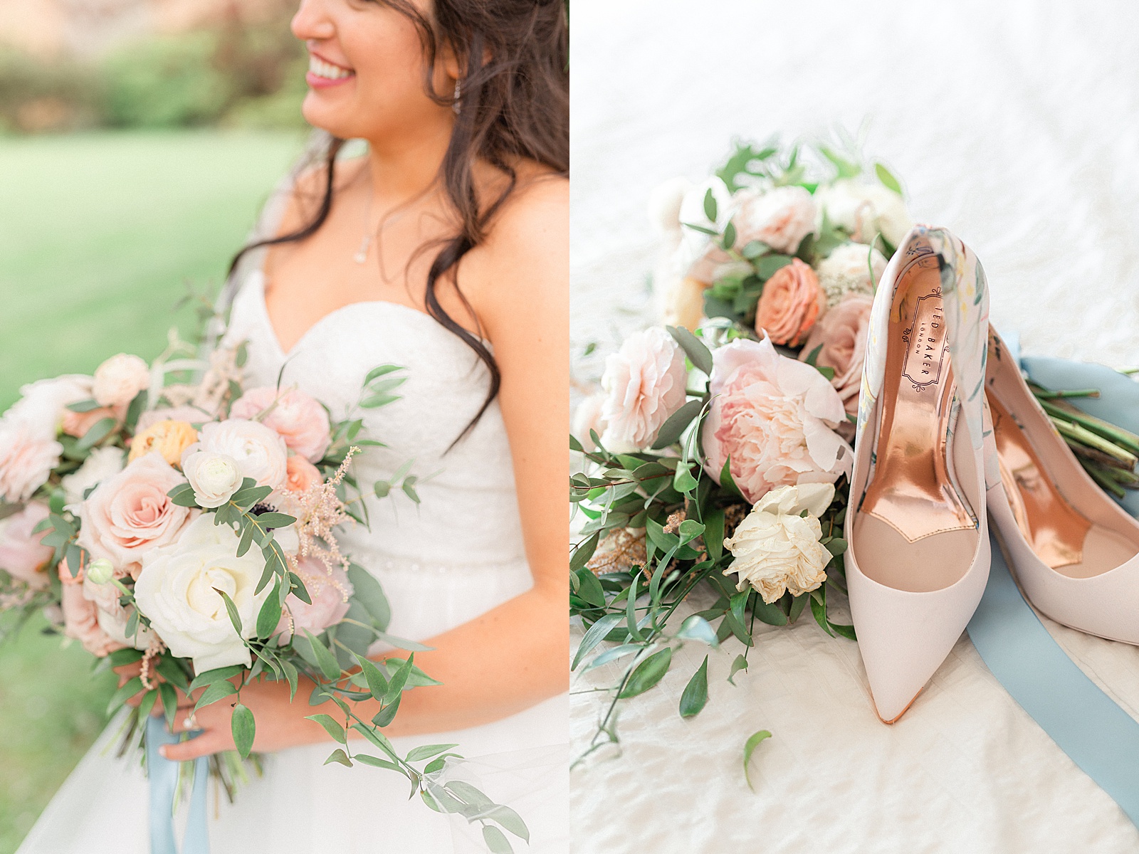 Bride's flower bouquet and shoes